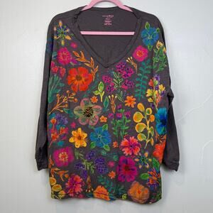 Natural Life Floral Tunic Top OS Boho Oversized V-Neck Cotton Hippie